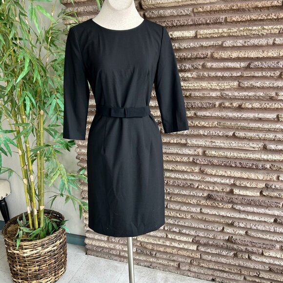 Hugo Boss Black Minimalistic Wool Blend Long Sleeve Dress Bow Belt Size 2 - Picture 3 of 12